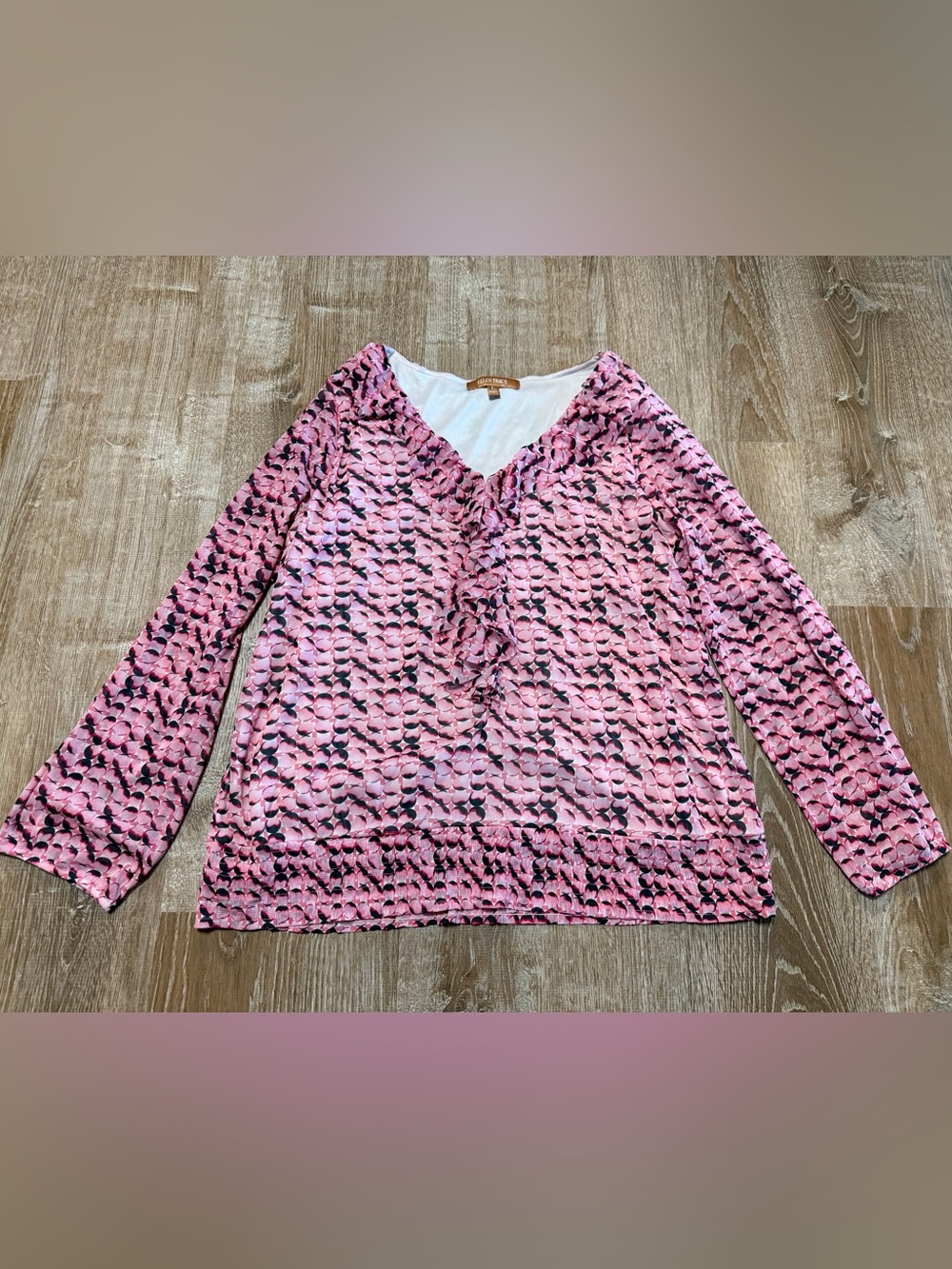 Ellen Tracy Pink Black Printed V Neck Blouse Long Sleeve Top Size L